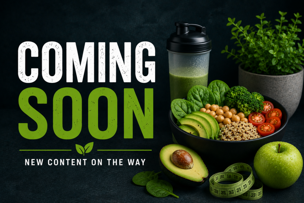 Coming soon graphic for the Diet & Nutrition category featuring healthy foods, vegetables, and a protein shake.