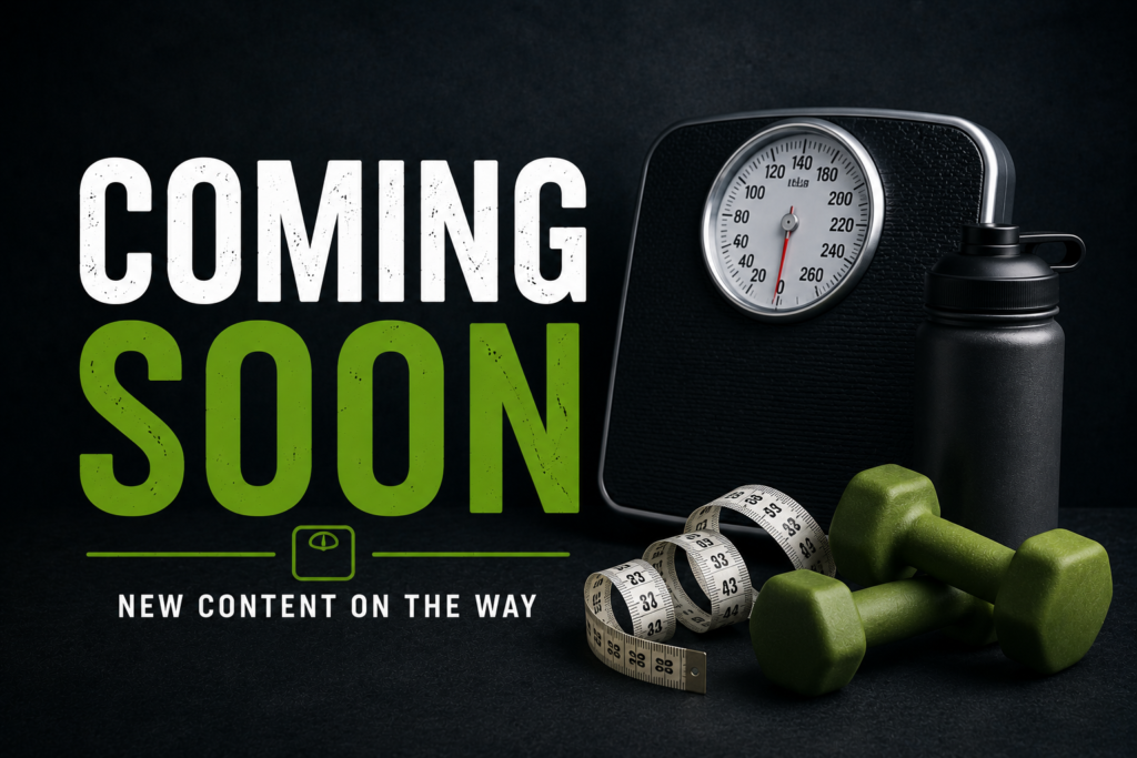 Coming soon graphic for the Weight Loss category featuring a scale, measuring tape, dumbbells, and a shaker bottle.
