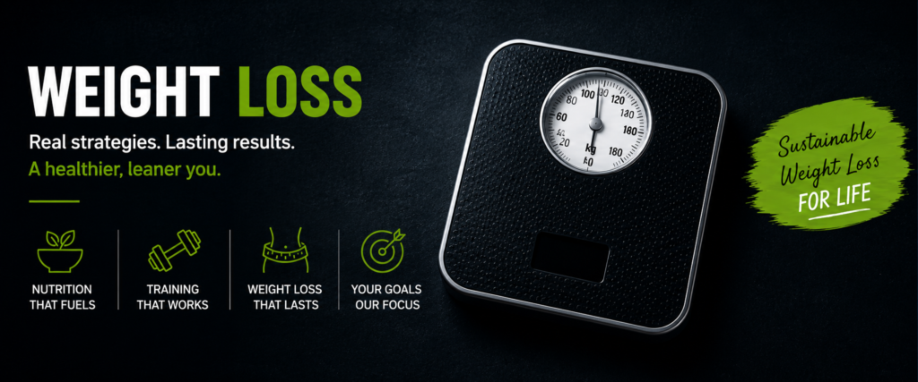 Weight loss hero banner featuring a bathroom scale representing sustainable weight loss.