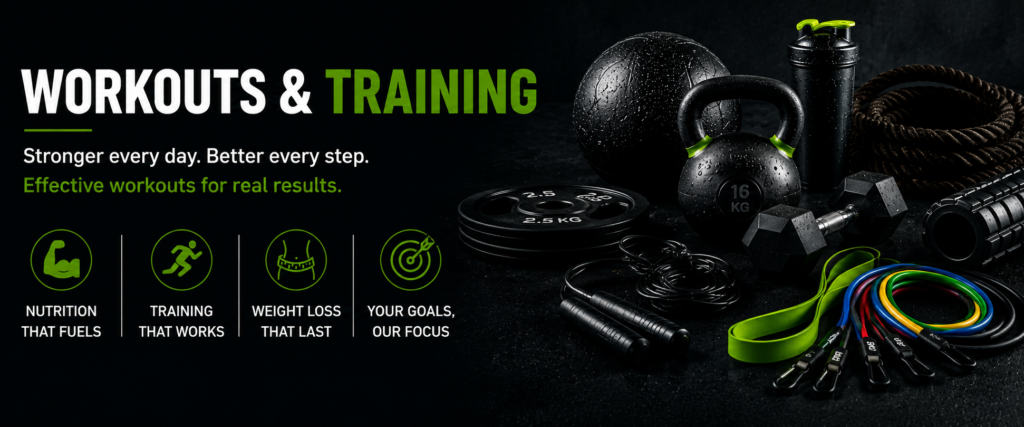 Workout equipment including kettlebell, dumbbells, battle rope, resistance bands, and medicine ball.