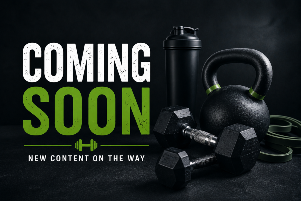 Coming soon graphic for the Workouts & Training category featuring kettlebells, dumbbells, and fitness equipment.